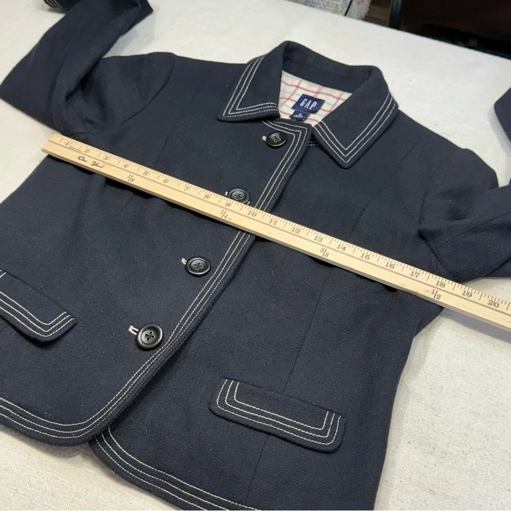 GAP Jacket Black Wool Blend Collared White Stitch Trim Pockets Lined Size Med - Picture 10 of 16